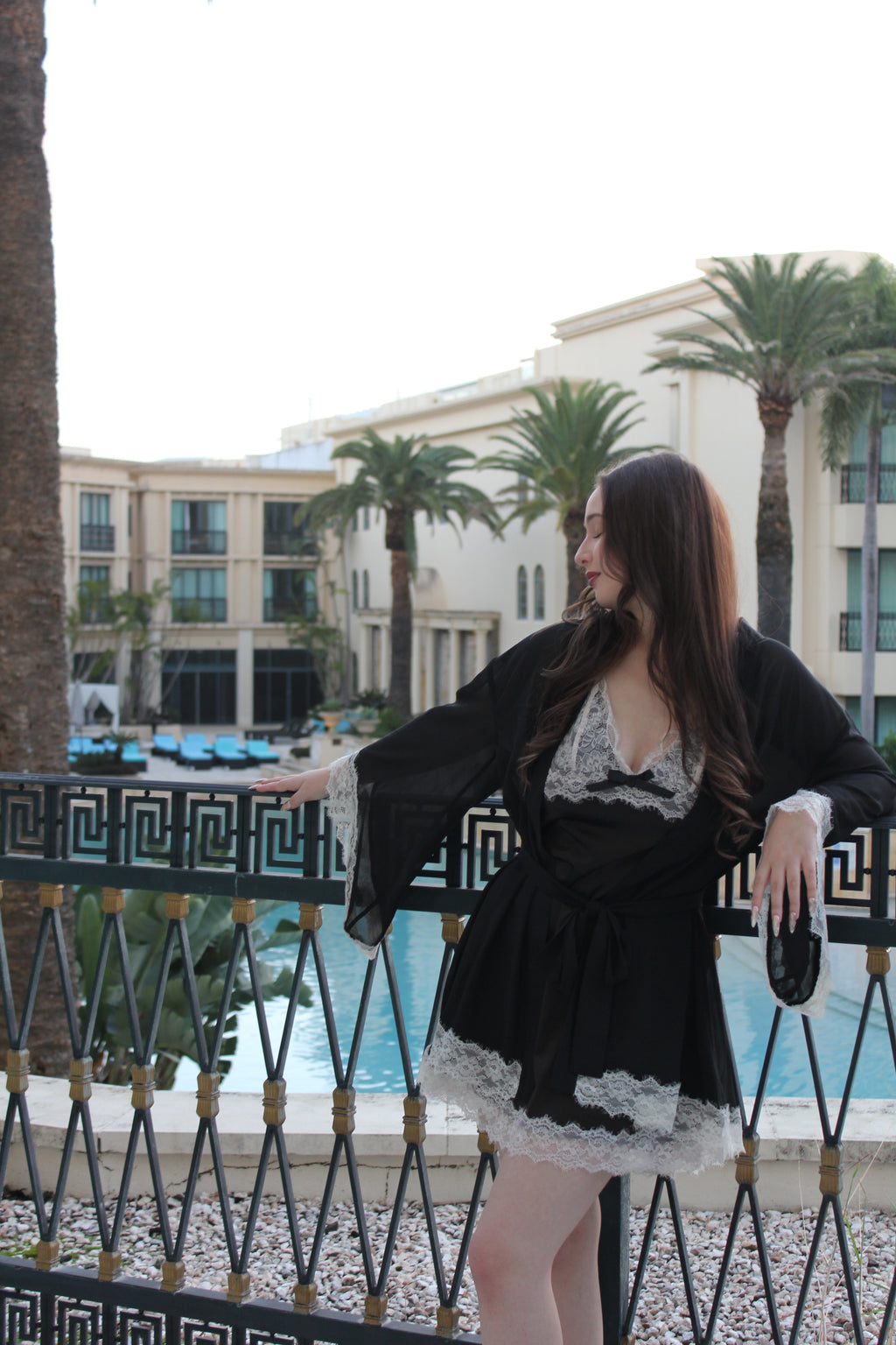 Black lace robe layered over sleepwear, Summer Rose The Label