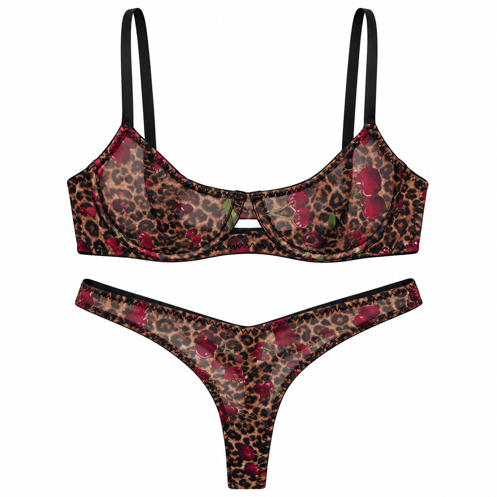 Forbidden Fruit sheer leopard and cherry print cut-out balconette bra and low-slung brief, Summer Rose The Label