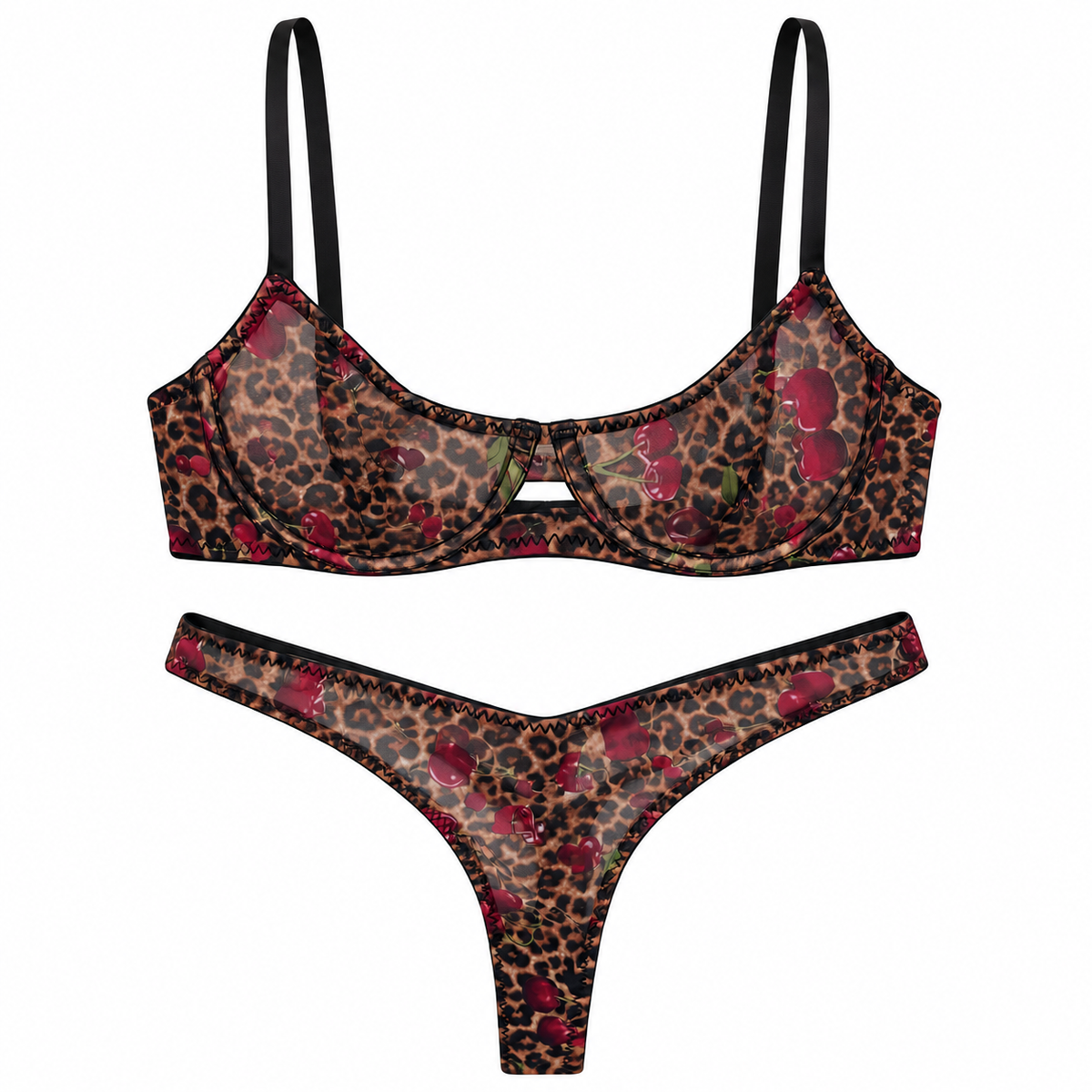 Forbidden Fruit sheer leopard and cherry print cut-out balconette bra and low-slung brief, Summer Rose The Label