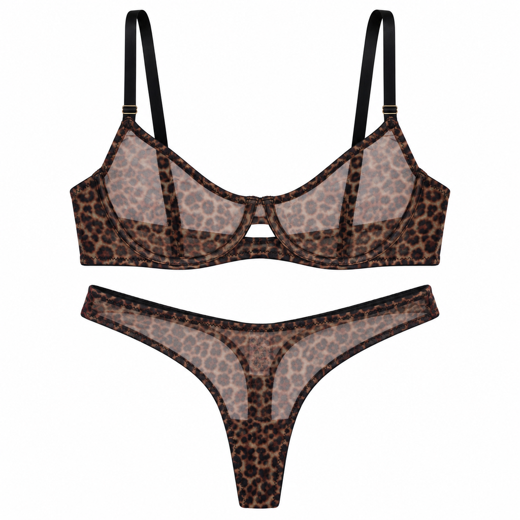 Second Nature sheer golden leopard mesh balconette bra and high-cut brief, Summer Rose The Label