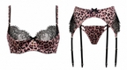 Apex Set blush leopard and black eyelash lace lingerie with underwire bra, thong, suspender belt and leopard stockings, Summer Rose The Label