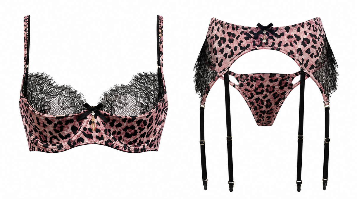 Apex Set blush leopard and black eyelash lace lingerie with underwire bra, thong, suspender belt and leopard stockings, Summer Rose The Label