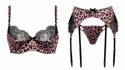 Apex Set blush leopard and black eyelash lace lingerie with underwire bra, thong, suspender belt and leopard stockings, Summer Rose The Label
